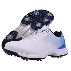 Sampson Men's Golf Shoes with blue accents and spiked sole for enhanced grip and comfort on the golf course.