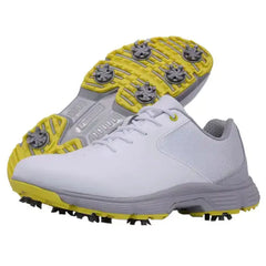 Sampson Men's Golf Shoes with white uppers and yellow spiked soles for optimal comfort and performance on the golf course.