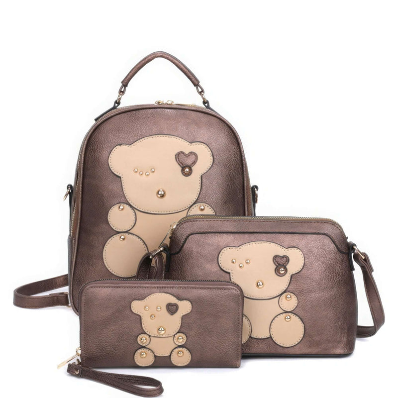 3in1 Cute Bear Design Handle Backpack W Crossbody And Wallet Set BargainBuzz.com