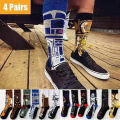 4 Pairs Star Wars Movie Cotton Long Socks Master Yoda R2-D2 Cosplay Socks Wookiee Jedi Knight Novelty Men'S Women'S Socks