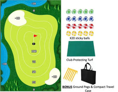 Urban Golf Greens Set with green, sticky balls, turf, ground pegs, and travel case for indoor putting practice.