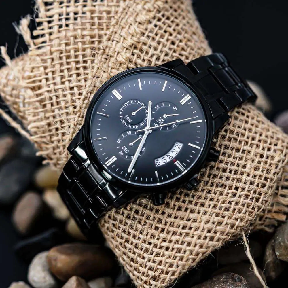 A Lasting Tribute: Engraved Black Chronograph Watch for Life's Special