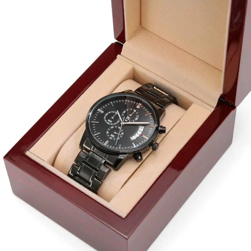 A Lasting Tribute: Engraved Black Chronograph Watch for Life's Special