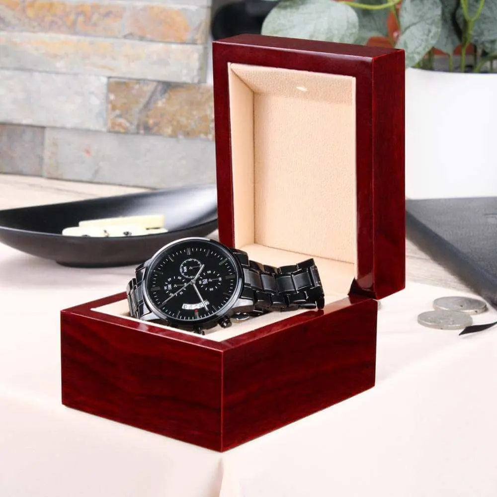 A Lasting Tribute: Engraved Black Chronograph Watch for Life's Special