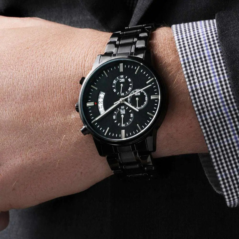 A Lasting Tribute: Engraved Black Chronograph Watch for Life's Special