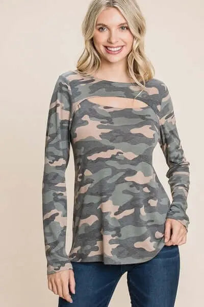 Army Camo Printed Cut Out Neckline Long Sleeves Casual Basic Top BargainBuzz.com