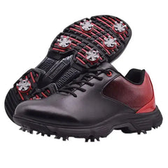 Sampson Men's Golf Shoes with black leather, red accents, and spiked soles for ultimate comfort and performance on the fairway.