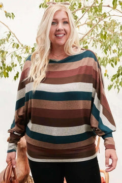 Boat Neck Long Bubble Sleeve Multi Stripe Print Knit Top Bargain Buzz