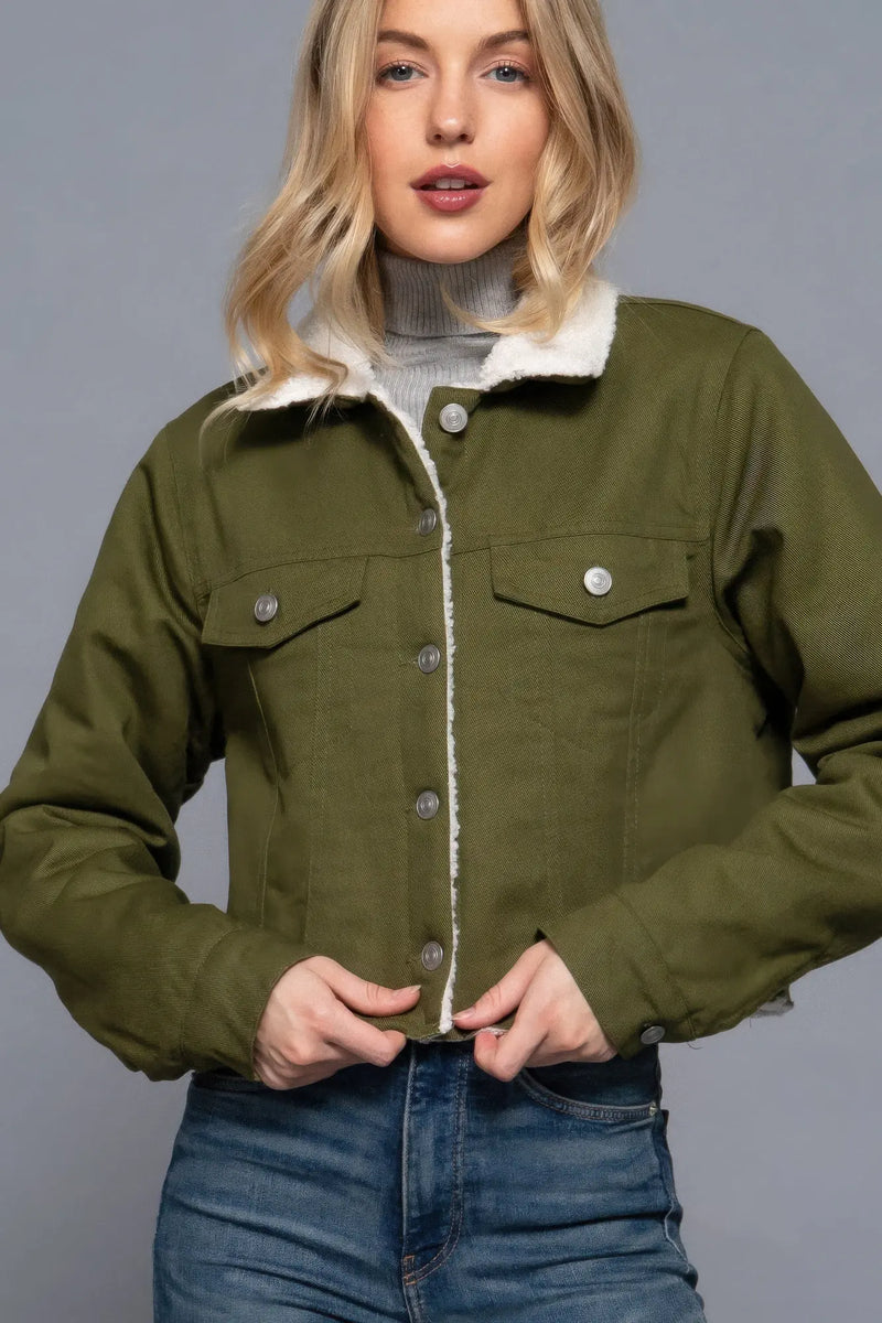 Button Closure Sherpa-lined Twill Jacket ccwholesaleclothing