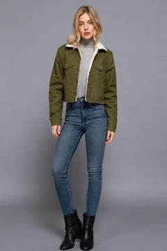 Button Closure Sherpa-lined Twill Jacket ccwholesaleclothing