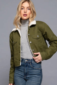 Button Closure Sherpa-lined Twill Jacket ccwholesaleclothing