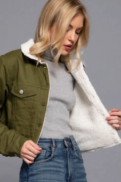 Button Closure Sherpa-lined Twill Jacket ccwholesaleclothing