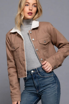 Button Closure Sherpa-lined Twill Jacket ccwholesaleclothing