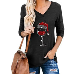 Christmas Wine Glass Print Blouse Bargain Buzz