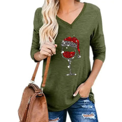 Christmas Wine Glass Print Blouse Bargain Buzz