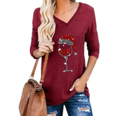 Christmas Wine Glass Print Blouse Bargain Buzz