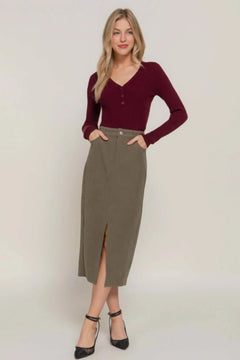 Front Open Slit Corduroy Midi Skirt Bargain Buzz