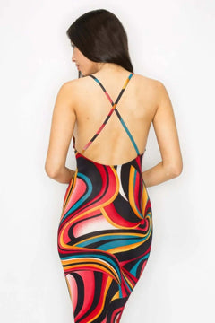 Crossed Back Marble Print Multicolor Midi Dress Bargain Buzz