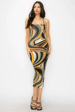 Crossed Back Marble Print Multicolor Midi Dress Bargain Buzz