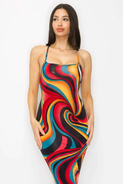 Crossed Back Marble Print Multicolor Midi Dress Bargain Buzz