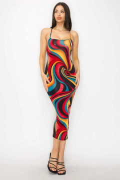 Crossed Back Marble Print Multicolor Midi Dress BargainBuzz.com