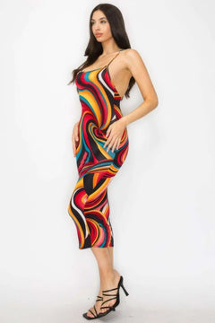 Crossed Back Marble Print Multicolor Midi Dress Bargain Buzz