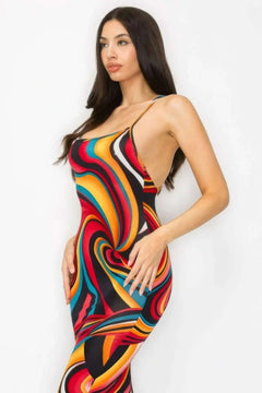 Crossed Back Marble Print Multicolor Midi Dress Bargain Buzz