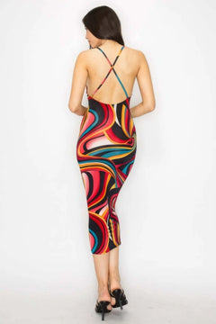 Crossed Back Marble Print Multicolor Midi Dress Bargain Buzz