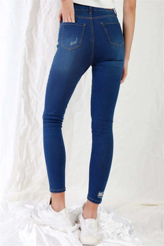 Dark Blue High-waisted With Rips Skinny Denim Jeans Bargain Buzz