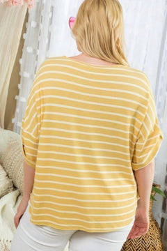 Drop Shoulder Roll Up Short Sleeve Choker Neck Stripe Print Top Bargain Buzz