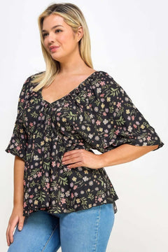 Floral V-neck Babydoll Balloon Slv Top Bargain Buzz