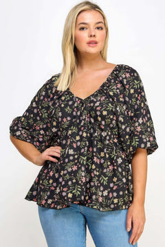 Floral V-neck Babydoll Balloon Slv Top Bargain Buzz