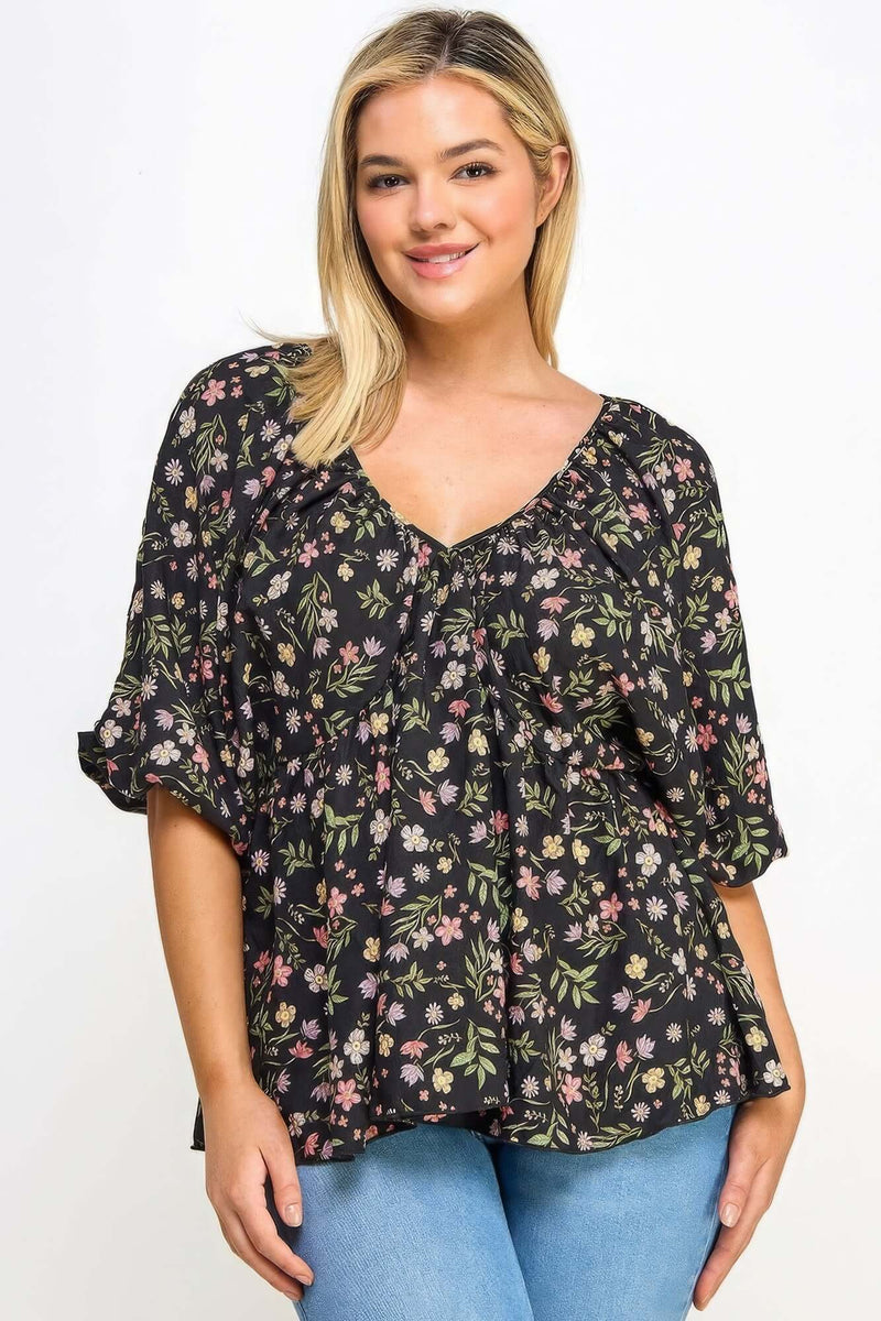 Floral V-neck Babydoll Balloon Slv Top Bargain Buzz