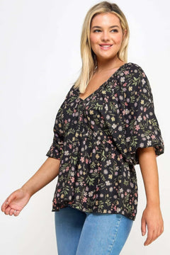 Floral V-neck Babydoll Balloon Slv Top Bargain Buzz