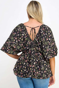 Floral V-neck Babydoll Balloon Slv Top Bargain Buzz