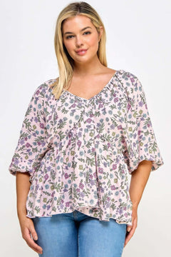 Floral V-neck Babydoll Balloon Slv Top Bargain Buzz