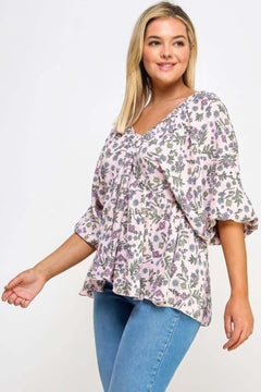 Floral V-neck Babydoll Balloon Slv Top Bargain Buzz