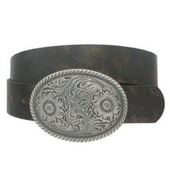 Flower Embossed Oval Buckle Vintage Strap Belt ccwholesaleclothing