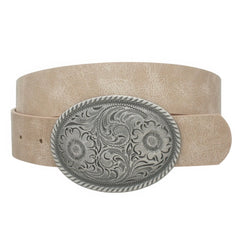 Flower Embossed Oval Buckle Vintage Strap Belt ccwholesaleclothing