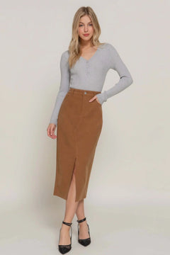 Front Open Slit Corduroy Midi Skirt Bargain Buzz