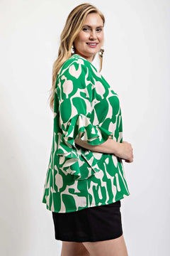 Geometric print ruffled bell sleeve woven top Bargain Buzz