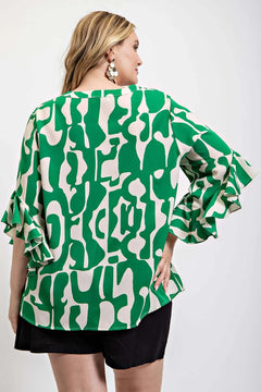 Geometric print ruffled bell sleeve woven top Bargain Buzz