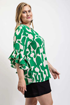 Geometric print ruffled bell sleeve woven top Bargain Buzz