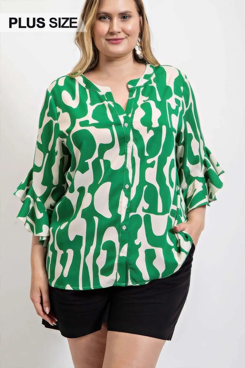 Geometric print ruffled bell sleeve woven top Bargain Buzz