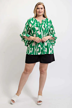 Geometric print ruffled bell sleeve woven top Bargain Buzz