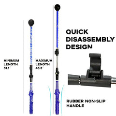 Golf swing training aid with quick disassembly design and rubber non-slip handle, adjustable from 31.1 to 43.3 inches.