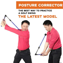 Man demonstrates golf swing with training aid for posture correction model.