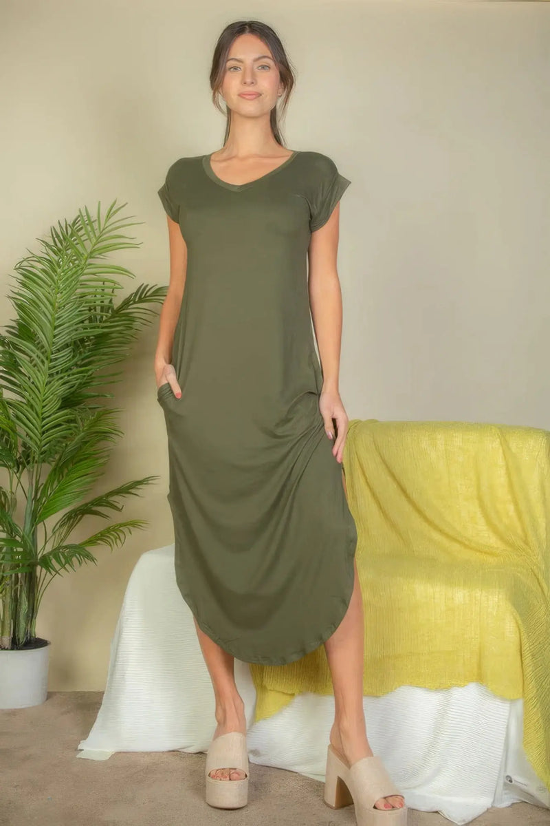 Hidden Pocket Batwing Sleeve V Neck Long Dress Bargain Buzz