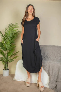 Hidden Pocket Batwing Sleeve V Neck Long Dress Bargain Buzz