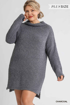 High Cowl Neck Bouclé Long Sleeve Sweater Dress | Plus